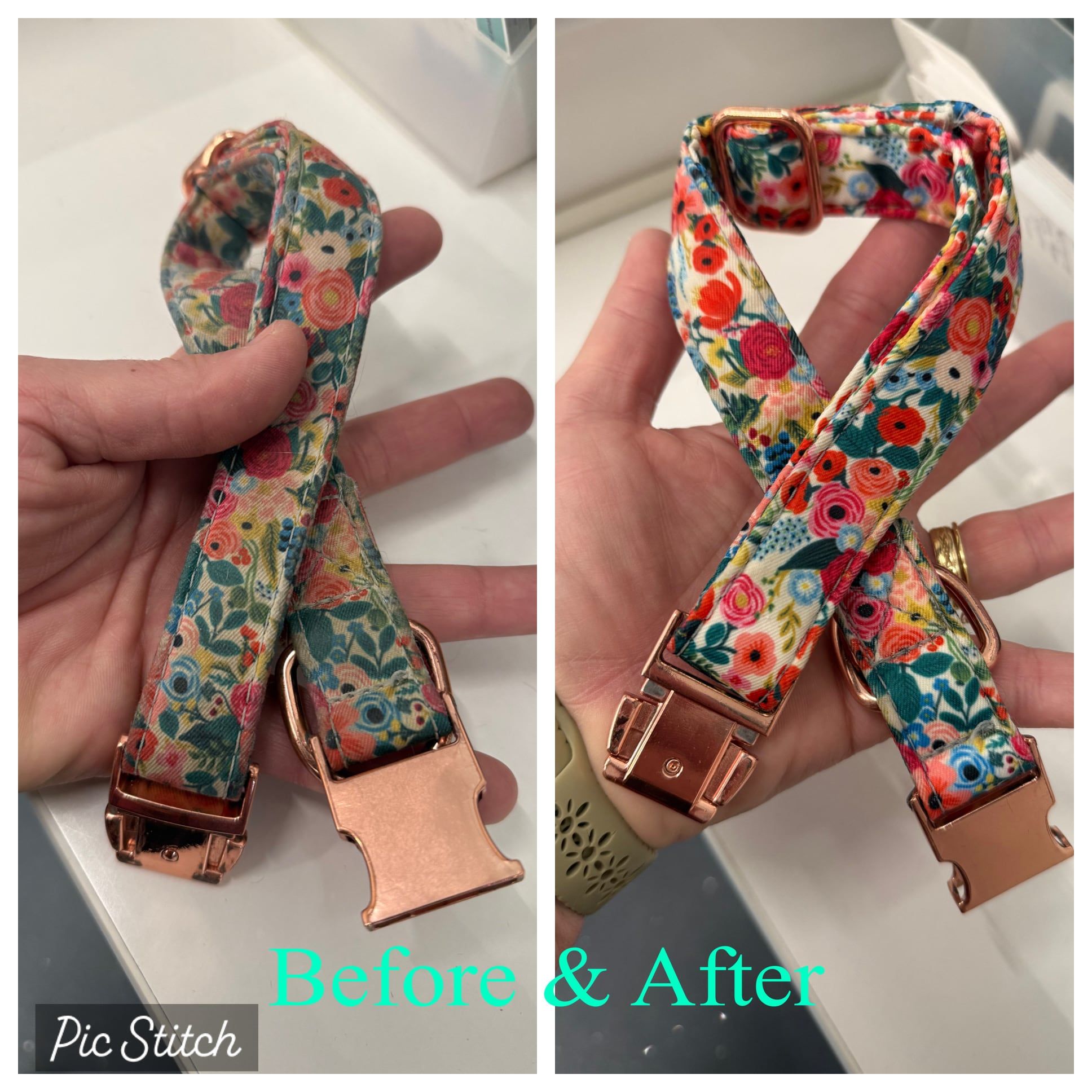 Collar clean before and after: a bright floral collar and its rose-gold hardware polished back to new