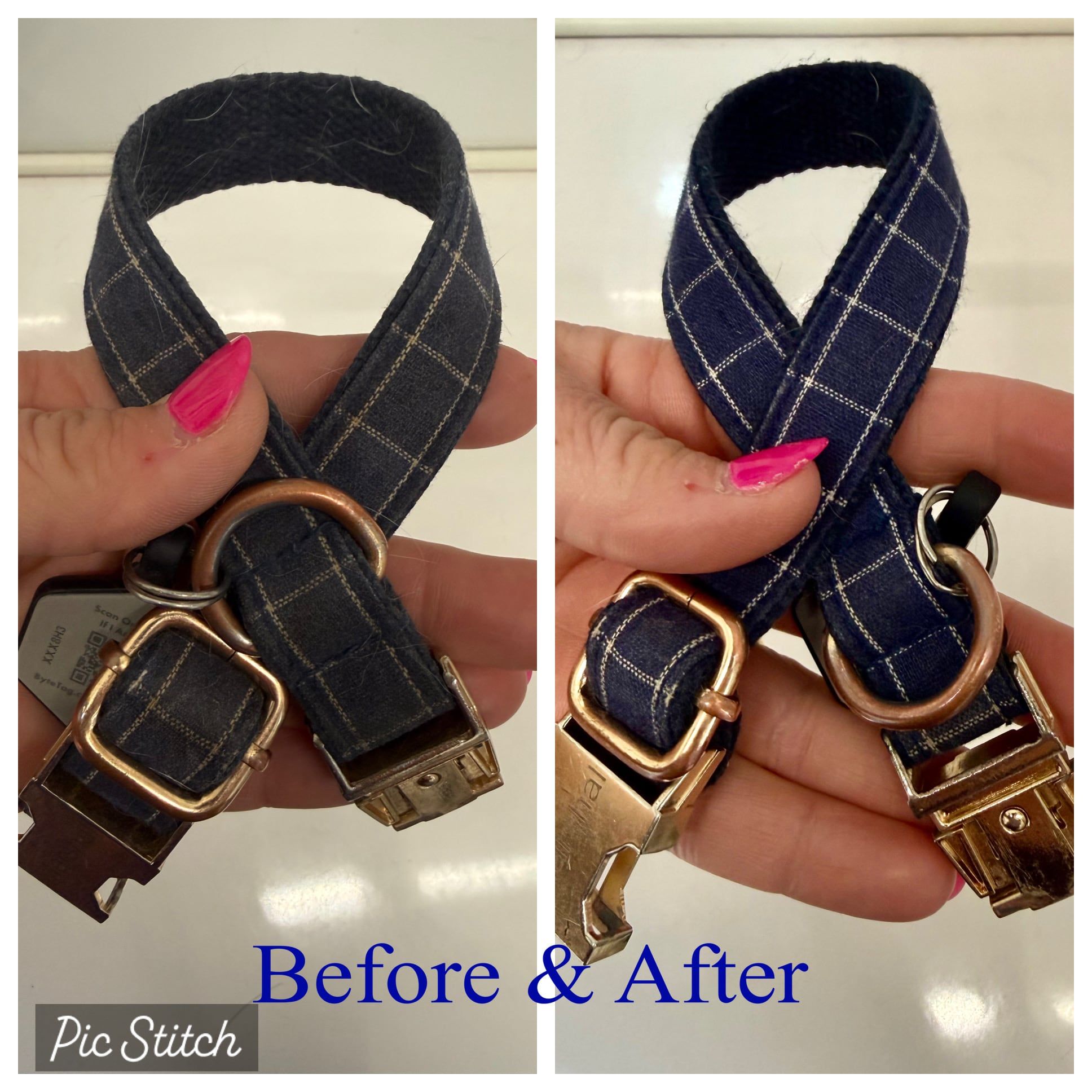Collar clean before and after: a navy plaid collar with years of grime lifted out of the fabric