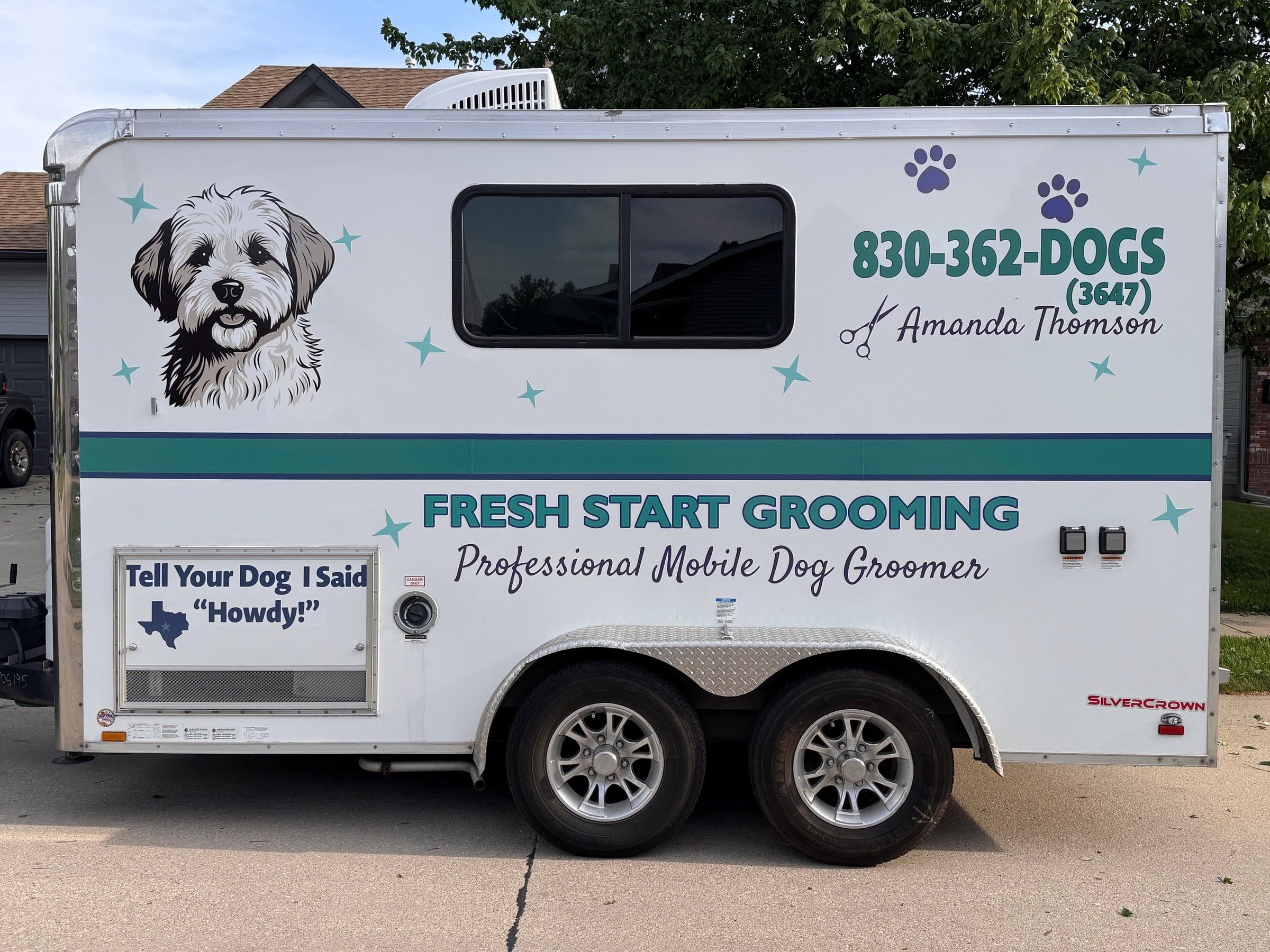 The Fresh Start Grooming trailer, a fully equipped mobile dog salon